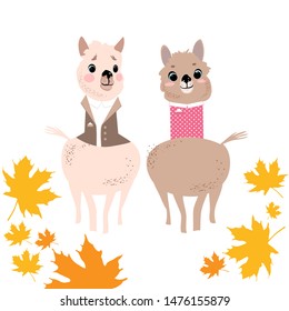 Lama family, cartoon fairy tale characters of children's heroes, on autumn background, vector illustration