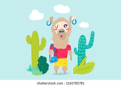 Lama female wearing stylish clothes and bag vector. Cute and funny animal wear style clothing and earrings kissing and winking. Character with fashion accessories flat cartoon illustration