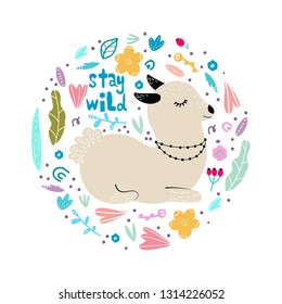 Lama in flowers and leaves arranged in circle, modern hand drawn style. Isolated cartoon illustration for kid game, book, t-shirt, textile, etc. Stay wild lettering. 