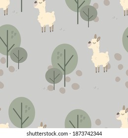 Lama in the forest. Seamless background with cute animals. Decorative wallpaper for the nursery. Vector. Suitable for children's clothing, interior design, packaging, printing.