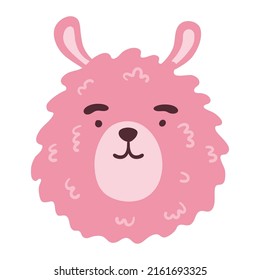 Сute lama funny animal face, head. Сartoon isolated muzzle. Vector illustration for print on children's clothing, greeting cards, nursery, stickers, stationery, room decor