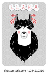 Lama, funny portrait with white skin and black wavy coat, with big black eyes and smile, with red ribbons on ears. The light gray background with ornament made of triangles.