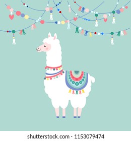 Lama with gerlands, greeting card, vector illustration