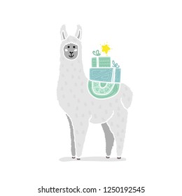 Lama with gifts on his back in full face. Greeting Christmas card on a white background. Vector illustration made in flat minimal style.