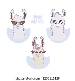 Lama glama cartoon set for your design. Alpacas characters wearing sunglasses.