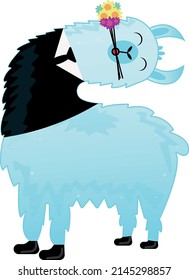 Lama groom, with a bouquet of flowers in his mouth, in a tuxedo