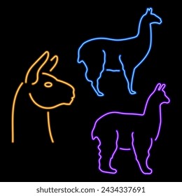 lama group of neon icons, vector illustration on black background.