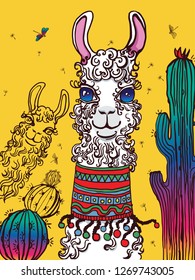 lama, hand drawing, cacti, on yellow background vector