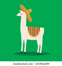Lama in a hat isolated. Flat vector stock illustration. Mexican or Latin American traditional llama. Animal or Mexican pet. Traditional bright colors. Children's illustration