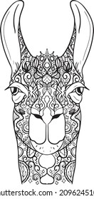 Página de coloreado de la cabeza de Lama. Mandala modificada. Lama no hay drama. Serie de animales étnicos. El ornamento tribal está pintado a mano. Diseño de Zentangle. Libro de colorantes antiestrés. Esbozo por tatuaje, Mehndi.