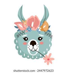 Cabeza de lama con corona de flores. Ilustración vectorial linda para el diseño de los niños, póster, tarjetas de felicitación de cumpleaños.