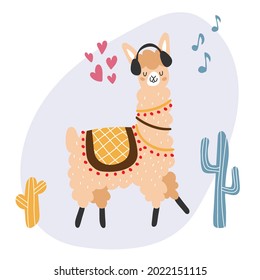 Lama with headphones listen music, cactus, cacti and pink hearts, blue notes  isolated on white background. Vector illustration for postcard, banner, web, decor, design, arts, calendar.