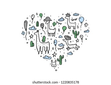 Lama heart concept. Composition in doodle style. Vector illustration.