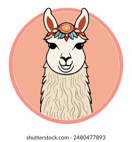 Lama icon in pink round shape isolated on a white background in flat style illustration. Vector graphic of alpaca smiley face. Suitable for banner, poster, logo, sticker t-shirt.