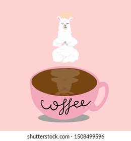 lama in lotus position levitation calm over a cup of coffee. Vector. Eps 10