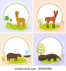 lama, Maned wolf, ant-eater, Capybara, set of cards design  with funny animals, template banner for your text with round frame. Vector