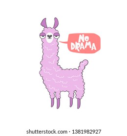 Lama. No drama. Cartoon animal. Lettering. Isolated vector object on white background.