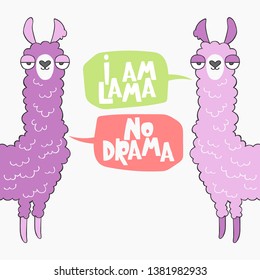 Lama. No drama. Cartoon animal. Lettering. Isolated vector object on white background.