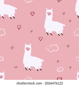 A lama on a cloud, with hearts around. Seamless pattern for printing, fabrics, postcards