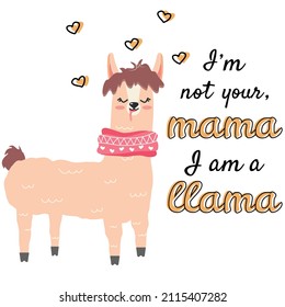 Lama auf weißem Hintergrund im Stil von Hand. Cartoon. Fröhliches Banner mit einem exotischen Tier. Alpaca. Sonnige Inschrift. Stock-Vektorgrafik. isoliert