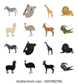 lama, ostrich emu, young antelope, animal crocodile. Wild animal, bird, reptile set collection icons in black,cartoon style vector symbol stock illustration web.