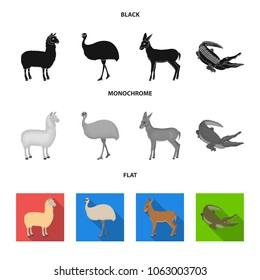 lama, ostrich emu, young antelope, animal crocodile. Wild animal, bird, reptile set collection icons in black, flat, monochrome style vector symbol stock illustration web.