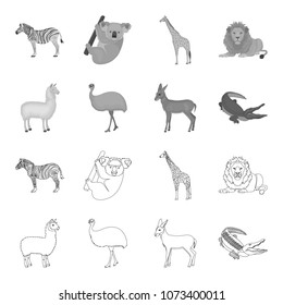 lama, ostrich emu, young antelope, animal crocodile. Wild animal, bird, reptile set collection icons in outline,monochrome style vector symbol stock illustration web.