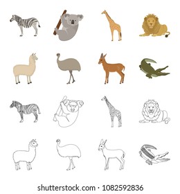 lama, ostrich emu, young antelope, animal crocodile. Wild animal, bird, reptile set collection icons in cartoon,outline style vector symbol stock illustration web.
