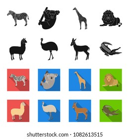 lama, ostrich emu, young antelope, animal crocodile. Wild animal, bird, reptile set collection icons in black,flet style vector symbol stock illustration web.