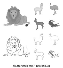 lama, ostrich emu, young antelope, animal crocodile. Wild animal, bird, reptile set collection icons in outline,monochrome style vector symbol stock illustration web.