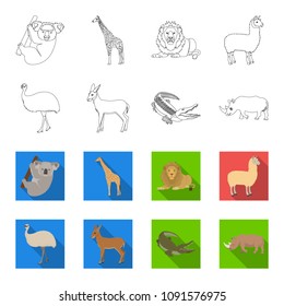 lama, ostrich emu, young antelope, animal crocodile. Wild animal, bird, reptile set collection icons in outline,flat style vector symbol stock illustration web.