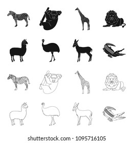 lama, ostrich emu, young antelope, animal crocodile. Wild animal, bird, reptile set collection icons in black,outline style vector symbol stock illustration web.