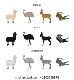 lama, ostrich emu, young antelope, animal crocodile. Wild animal, bird, reptile set collection icons in cartoon,black,monochrome style vector symbol stock illustration web.