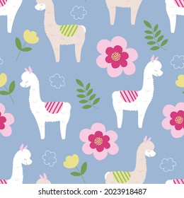 lama pattern with flowers and leaves on a blue background