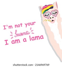Lama peeks out from the side. Funny picture. Lettering. Vector stock illustration. White background. Isolated