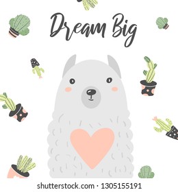 Lama postcard with dream big lettering quote, cactus, heart. Card with alpaca for kids, children