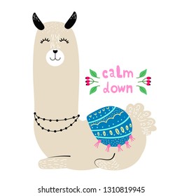 Lama resting, modern hand drawn style. Isolated cartoon illustration for kid game, book, t-shirt, textile, etc.Calm down lettering. 