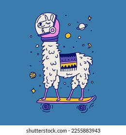 Lama rides a skateboard in space. Cute characters. Cartoon style. Hand drawn poster. Isolated illustrations