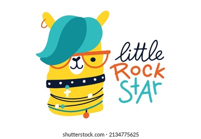 Lama rock card. Little rock star. Vector cartoon character. Illustration on a white background for children in the style of funny doodles. Ideal for printing on baby clothes, t-shirts