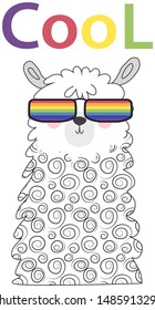 Lama in the Scandinavian style, fashionable, cool, in rainbow glasses. LGBT freedom concept.