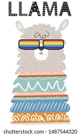 Lama in the Scandinavian style, fashionable, cool, in rainbow glasses. LGBT freedom concept.