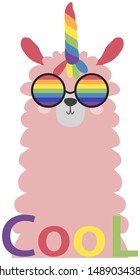 Lama in the Scandinavian style, fashionable, cool, in rainbow glasses. LGBT freedom concept.