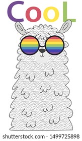 Lama in the Scandinavian style, fashionable, cool, in rainbow glasses. LGBT freedom concept.