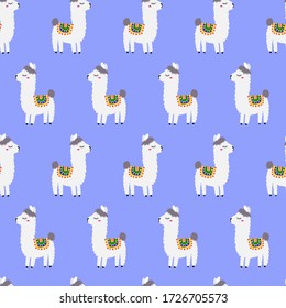 Lama seamless pattern. Cute hand drawn flat animals in traditional peruvian decorations. Trendy hipster alpaca background, perfect print for childish fabric, baby nursery. Vector illustration.
