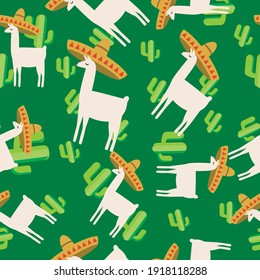 Lama seamless pattern in Mexican hat. Flat vector stock illustration. cute Llama or alpaca animal Pattern with cactus, and llama wearing a sombrero for printing on fabric, textile. Endless pattern