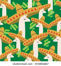 Lama seamless pattern in sombrero. Flat vector stock illustration. Llama or alpaca are cute animals. Mexican texture with cactus, sombrero for printing on fabric, textile. Endless pattern