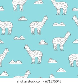 Lama seamless pattern. Vector blue background with alpaca and clouds.