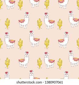 Lama seamless vector pattern. Cute animal with flower on head print.