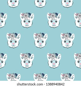 Lama seamless vector pattern. Cute animal with flower on head light blue print.