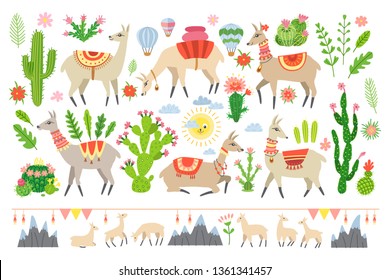 Lama set in cartoon style isolated on white background. Adorable alpaca and cactus elements. Collection of kids scrapbooking elements. Llama and cacti. Ideal for posters, children room decoration, etc